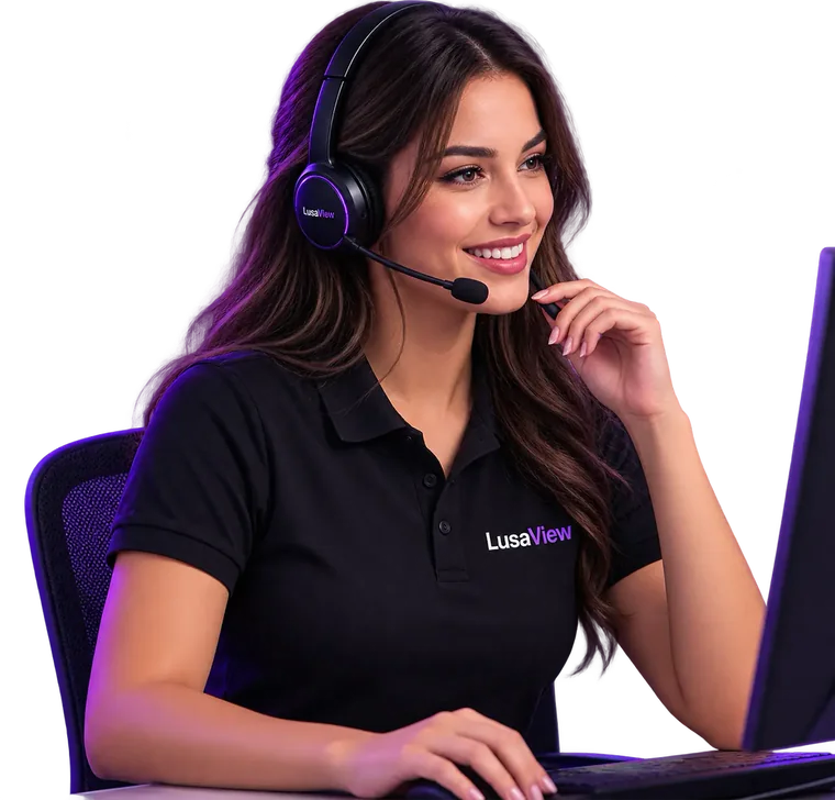 LusaView support agent wearing a headset, ready to help on WhatsApp